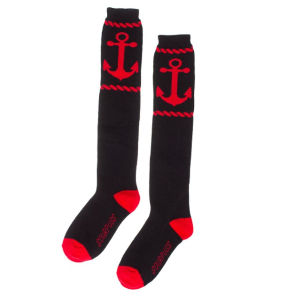 Red Black Anchor and Rope Knee Socks Sailor Nautical Retro Rockabilly Derby NWT